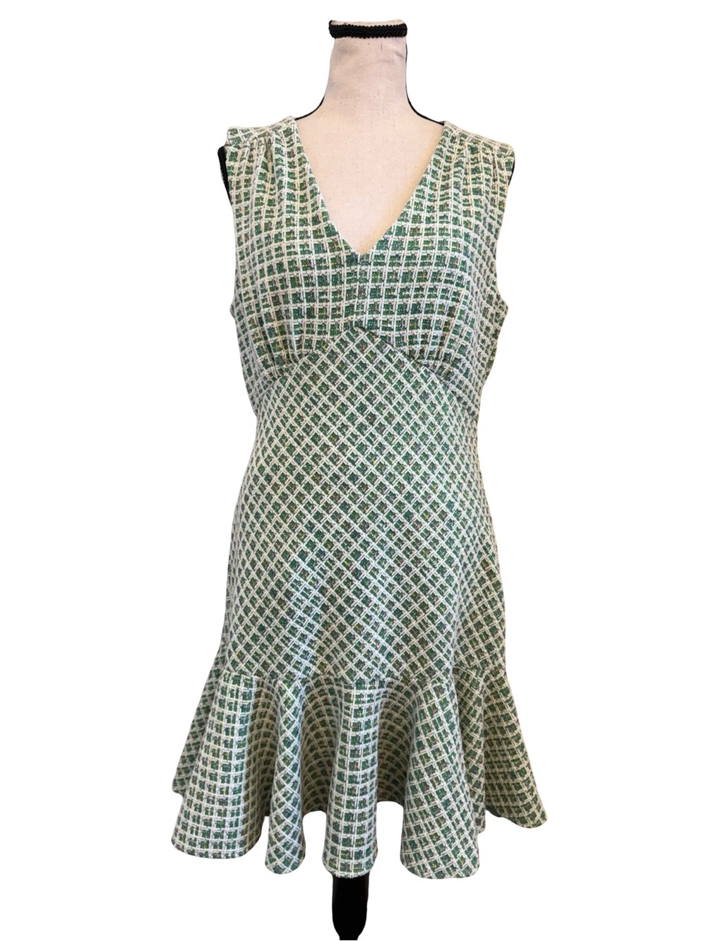Taylor Size 12 Green Tweed Fit & Flare Dress Sleeveless V Neck Lined